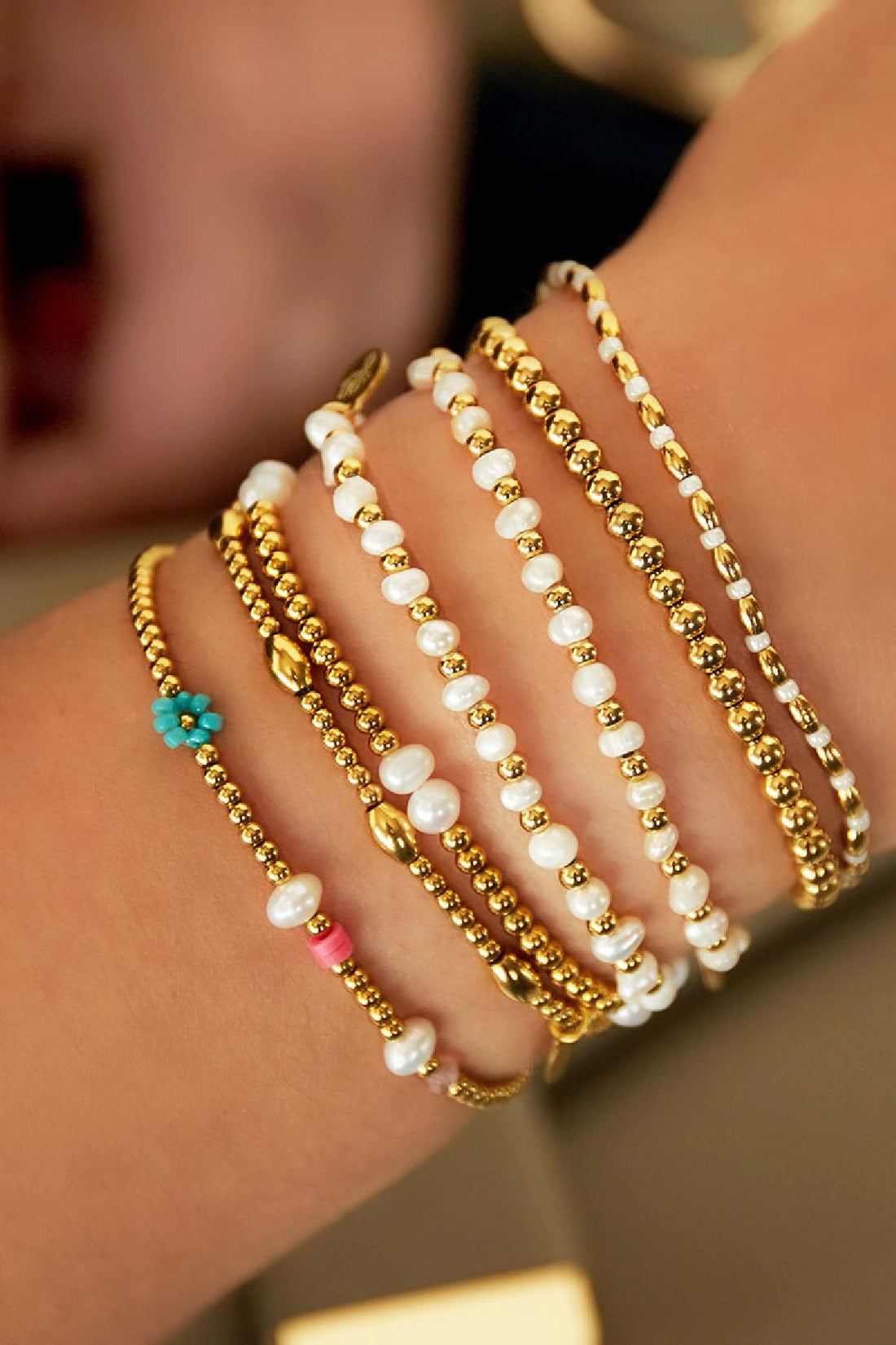 Armband Perlen Goldfarbe Edelstahl