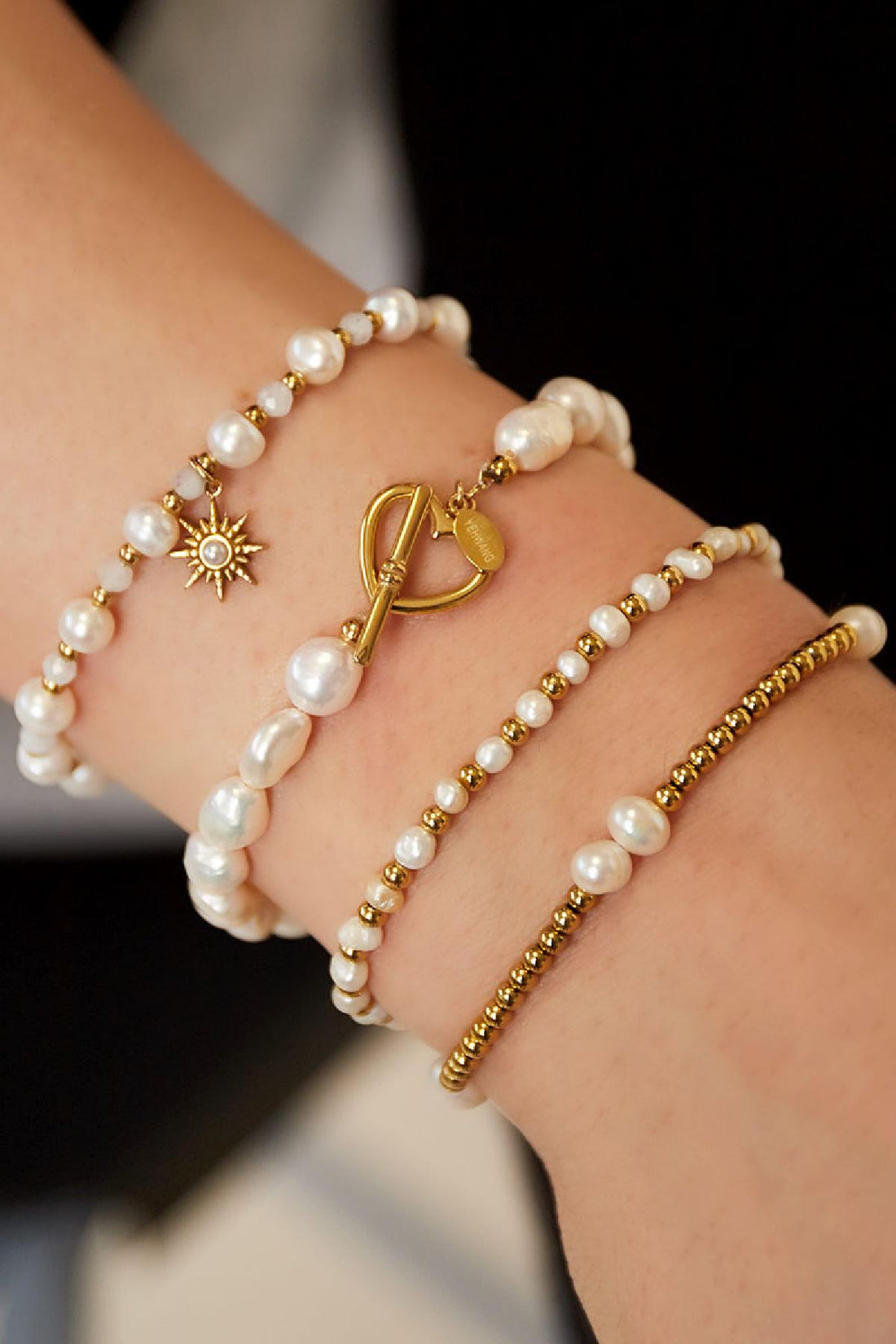 Armband Perle Herzverschluss Goldfarbe Edelstahl